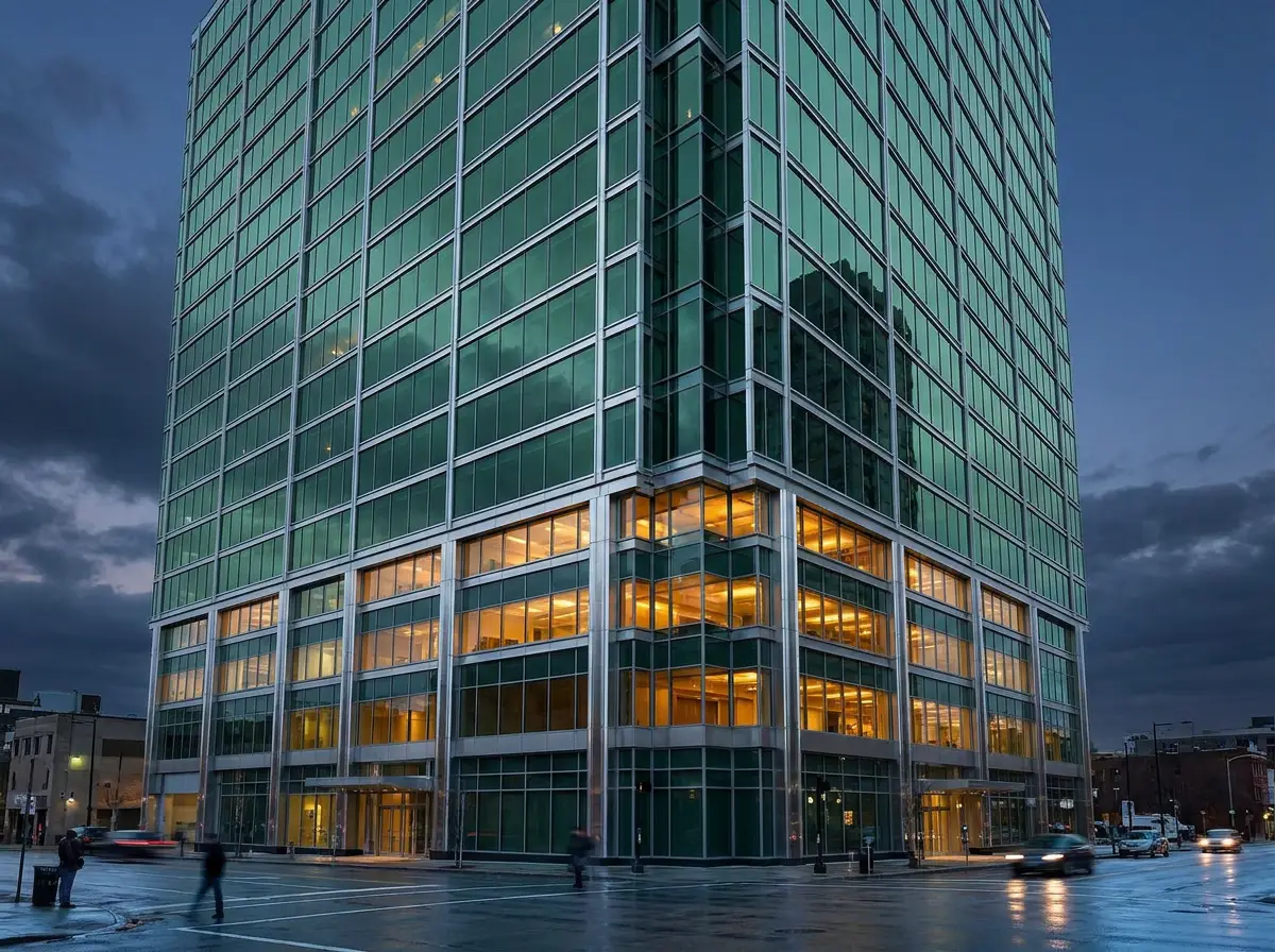 Curtain wall office tower at blue hour